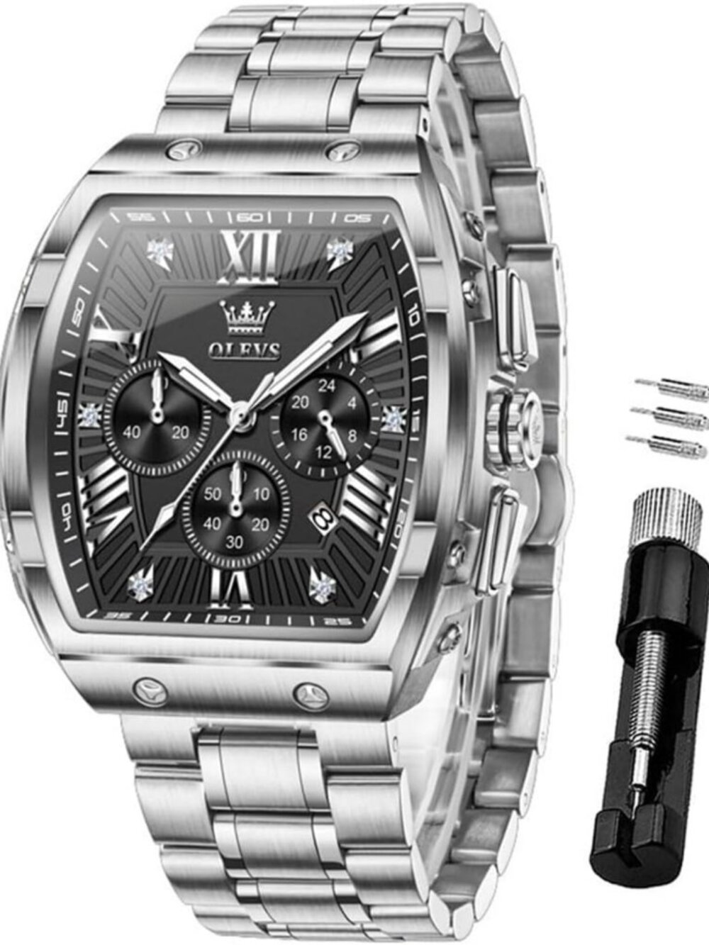 Stylish Men's Big Square Face Chronograph Watch - Stainless Steel Dress